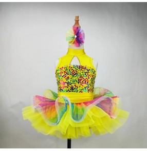 Girls kids Toddlers yellow gold sequins ballet dance dresses tutu skirts ballerina modern jazz dance leotard outfits for baby